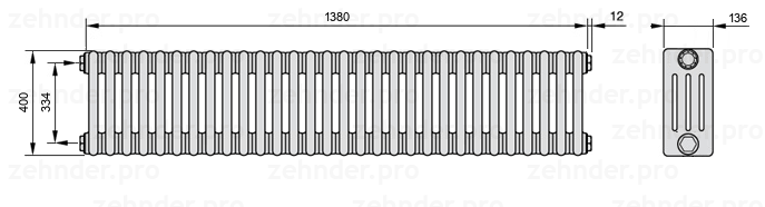 Схема (чертеж) Радиатор Zehnder Charleston 4040/30 №1270 Белый глянцевый RAL 9016